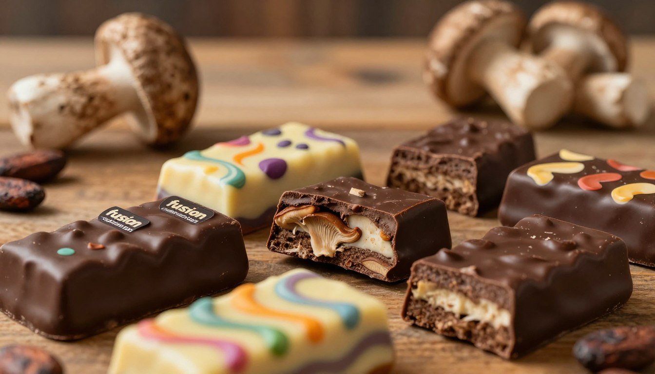 A close-up image of assorted fusion mushroom chocolate bars, showcasing a variety of flavors and textures. In the foreground, display several bars with distinct layers; some are coated in rich dark chocolate, while others have colorful swirls of infused ingredients. The middle layer features soft, earthy mushrooms subtly integrated into the chocolate, hinting at their unique nature. In the background, softly blurred, place a rustic wooden table adorned with a few wild mushrooms and cocoa beans, adding an organic touch. The lighting is warm and inviting, creating a rich, cozy atmosphere that emphasizes the indulgent nature of the bars. Ensure the brand name "fusion mushroom bars" is clearly visible on the packaging.
